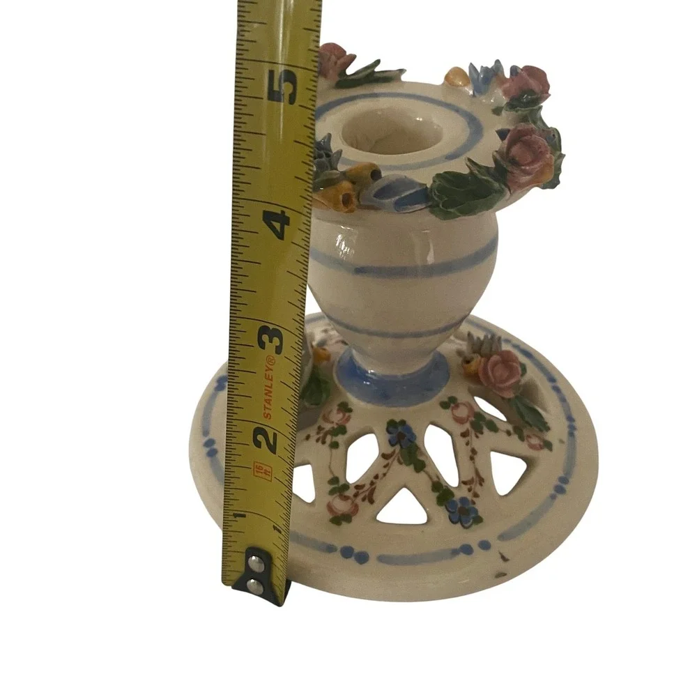 Naples Italy‎ Ceramic Candlestick Holder Applied Flowers Bird Reticulated Base